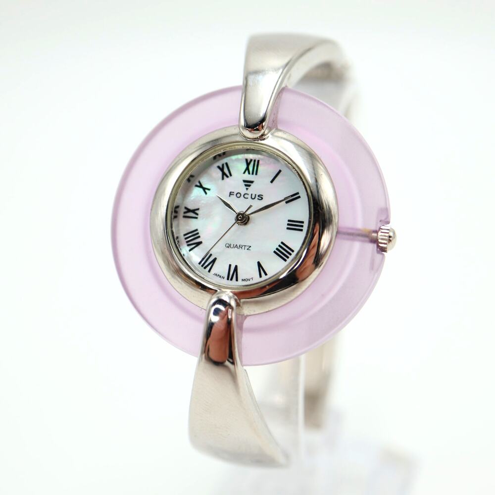 Focus Womens MOP Watch 38mm Purple Acrylic Bezel Hinge Cuff w New Battery